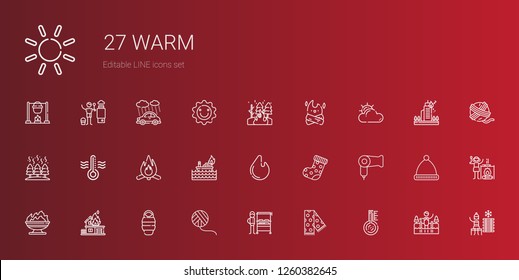 warm icons set. Collection of warm with thermometer, scarf, burning grill, wool ball, sleeping bag, fire, hairdryer, sock, bonfire, cloudy, cold water. Editable and scalable warm icons.