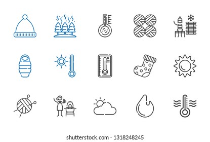 warm icons set. Collection of warm with thermometer, fire, cloudy, wool ball, sun, sock, temperature, sleeping bag, cold water, wool balls, winter hat. Editable and scalable warm icons.