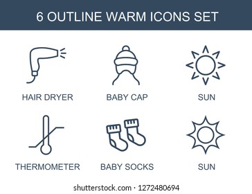 warm icons. Trendy 6 warm icons. Contain icons such as hair dryer, baby cap, sun, thermometer, baby socks. warm icon for web and mobile.