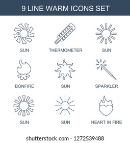 warm icons. Trendy 9 warm icons. Contain icons such as sun, thermometer, bonfire, sparkler, heart in fire. warm icon for web and mobile.