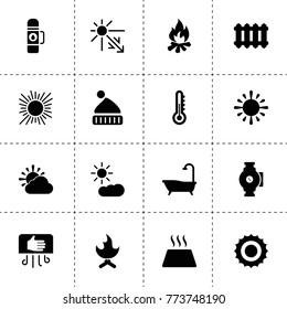 Warm icons. vector collection filled warm icons. includes symbols such as thermometer, sun, bath, hand dryier, radiator, pump, warm floor. use for web, mobile and ui design.