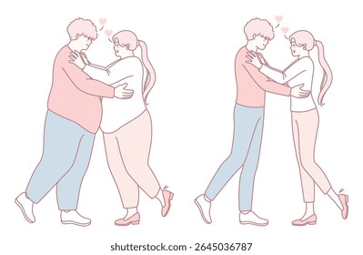 A warm illustration showcasing couples in love, celebrating diverse body types and embracing affection.