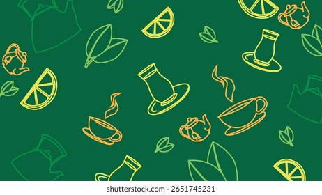 Ilustração quente de xícaras de chá, fatias de limão e bules de chá em um fundo verde escuro. Perfeito para projetos confortáveis com temática de bebidas.