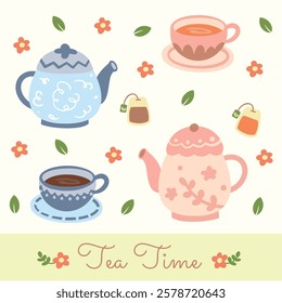 A warm illustration of teapots and cups with soft colors and gentle pattern. Happy Teatime! Perfect for greeting card, banner, advertisement, menu.