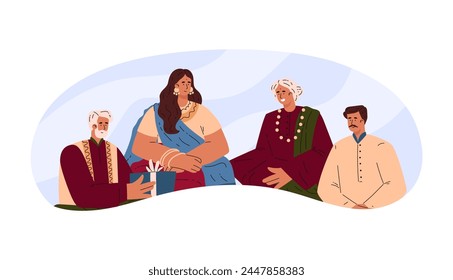 Warm Indian family moment. Vector illustration of a multi-generational group exchanging gifts, depicted in colorful traditional attire, radiating the essence of cultural togetherness.