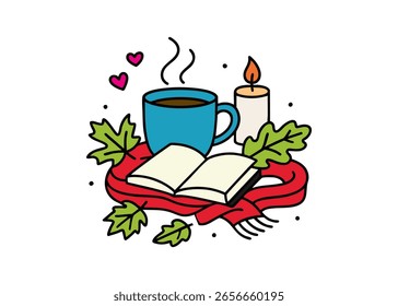 Eine warme und einladende Vektorgrafik zum Thema Herbst mit einer Tasse Kaffee, einem offenen Buch, einem roten Schal, brennenden Kerzen und verstreuten Herbstblättern. 