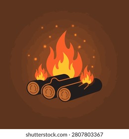 Warm and inviting campfire scene with burning logs, vibrant flames, and glowing embers on a dark background.