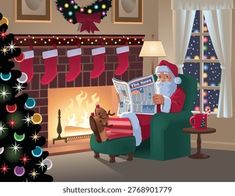 A warm and inviting illustration capturing a peaceful Christmas Eve moment with Santa Claus relaxing in a cozy living room. The scene presents a charming holiday atmosphere where Santa is comfortably seated in a soft armchair, reading a newspaper titled “The News.” His calm expression and relaxed posture reflect a quiet pause after a busy season of preparation, bringing a sense of comfort and storytelling to the composition.

The setting is thoughtfully detailed with festive decorations that enhance the seasonal mood. A beautifully lit Christmas tree stands nearby, adorned with ornaments and glowing lights that add brightness and warmth to the room. Stockings are carefully hung along the mantel, contributing to the traditional holiday ambiance. A crackling fireplace casts a gentle glow, creating a comforting environment that emphasizes relaxation and homely charm.

In the background, a window reveals a serene snowy night, reinforcing the magic of the season. The soft contrast between the warm indoor setting and the cool outdoor scene adds depth and visual interest. The combination of classic elements and balanced composition makes this artwork suitable for a variety of creative uses.

This high-quality illustration is ideal for greeting cards, book covers, digital media, advertisements, social content, and festive promotions. Designers and content creators can use it in seasonal campaigns, invitations, or decorative prints that require a cozy and traditional holiday theme. The clean style and appealing color palette ensure versatility across both digital and print formats.

Perfect for both personal and commercial projects, this artwork highlights a quieter side of the holiday season, focusing on comfort, reflection, and warmth. It offers a timeless visual narrative that resonates with audiences looking for a calm and heartwarming representation of Christmas Eve, making it a valuable addition to any festive design collection.