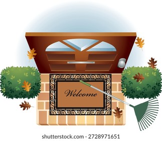 Una cálida y acogedora ilustración de una entrada de la puerta principal con un felpudo de "bienvenida", decorado con hojas de otoño y un rastrillo, que captura perfectamente un acogedor otoño o tema estacional de Acción de Gracias.