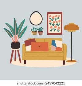 Warm and inviting living room interior with fashionable furniture and decorations. Comfy and homey atmosphere. Ideal for social media posts, cards, and posters. All elements are isolated.