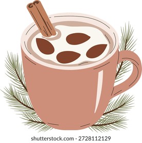 Uma caneca quente e convidativa recheada com uma bebida cremosa, coberta com amêndoas e um pau de canela, perfeita para um dia frio.