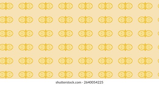 A warm, inviting pattern of symmetrical golden motifs on a soft beige background.