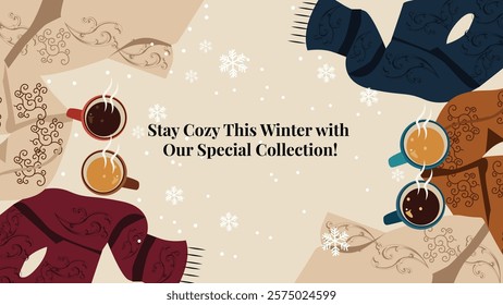 A warm and inviting scene showcasing cozy scarves and steaming cups of hot beverages. Perfect for winter, this image highlights comfort and style with soft fabrics and a cup of warmth for the chilly s