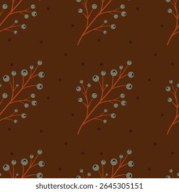 A warm and inviting seamless pattern featuring scattered stylized red-orange branches adorned with small, dark grey berries, along with subtle dark dots, all set against a rich brown background.  