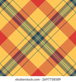 Padrão de tartan quente e convidativo. Um design xadrez clássico em amarelo, vermelho e azul-petróleo, perfeito para design têxtil, fundos ou arte digital. Cria uma sensação aconchegante e rústica.