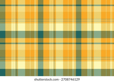 Warm and inviting tartan pattern in yellow, cream, and teal hues. Classic design for textiles, apparel, backgrounds, and digital projects needing texture.