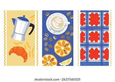 A warm and inviting vector illustration celebrating the world of coffee and cappuccino. This design features beautifully detailed elements like steaming coffee cups, cappuccino with latte art, coffee 