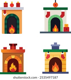 A warm, inviting vector illustration of a cozy fireplace adorned with festive stockings hanging from the mantel. The fire casts a soft, golden glow, creating a tranquil holiday 