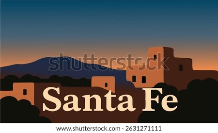 A warm and inviting vector-style illustration of Santa Fe's adobe architecture set against a desert landscape with a stunning sunset sky