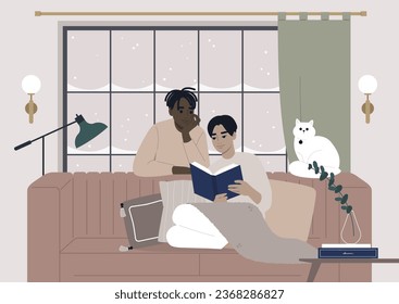 A warm and inviting winter interior envelops a couple in its embrace as they enjoy a book together during the festive Christmas holidays