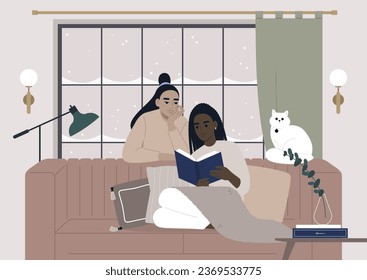 A warm and inviting winter interior envelops a couple in its embrace as they enjoy a book together during the festive Christmas holidays