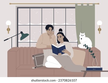 A warm and inviting winter interior envelops a couple in its embrace as they enjoy a book together during the festive Christmas holidays
