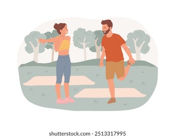 Aquecer ilustrações isoladas de vetor de desenhos animados. Casal fazendo aquecimento antes de treinamento, atividade de fitness, treino com amigos, estilo de vida saudável e ativo, pessoas atléticas desenhos animados vetoriais.