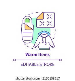 Warm items concept icon. Thing to store for surviving. Emergency preparedness abstract idea thin line illustration. Isolated outline drawing. Editable stroke. Arial, Myriad Pro-Bold fonts used