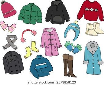 Warm items in winter that clothes, sweater, beanie, gloves, scarf, over coat and boots.