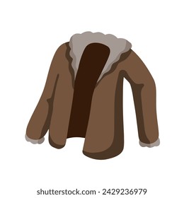 Warm jacket. Autumn brown leather coat with fur collar. Casual comfortable style. Flat cartoon illustration isolated on white