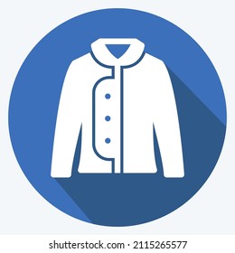 Warm Jacket Icon in trendy long shadow style isolated on soft blue background
