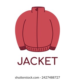 Warm Jacket. Word in English for dictionary. Outerwear element. Zipper. Learning, teaching Language for children. Casual Clothes, wardrobe. Isolated object. Flat design. Color Vector illustration