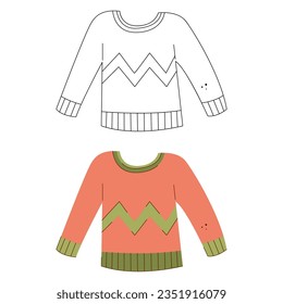 Warm jumper with zigzag pattern. Black and white and color clipart vector illustration.
