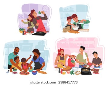 In A Warm Kitchen, Parents And Kids Characters Collaborate Joyfully, Mixing, Stirring, And Bonding Over Delicious Recipes, Creating Cherished Culinary Memories. Cartoon People Vector Illustration