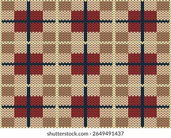 Warm knit plaid seamless pattern. Cozy autumn tartan knit pattern. Rustic plaid knit texture for textile design.