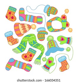 Warm knitted accessories, vector illustration