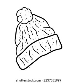 Warm knitted black line hat with boubone. Vector illustration isolated on white background, cartoon style