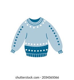 Warm knitted blue hand made sweater for autumn or winter season isolated on white background. Modern vector illustration.