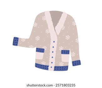 Warm knitted cardigan with snowflake pattern. Woolen winter clothing for cold weather. Comfortable seasonal wear, knitwear with buttons. Flat vector illustration isolated on white background