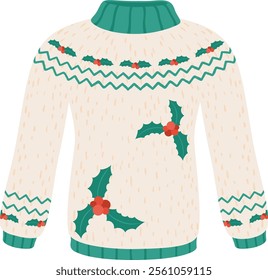 Warm knitted Christmas sweater featuring holly berries and green decorations, ideal for celebrating Christmas Eve or ringing in the New Year at festive gatherings