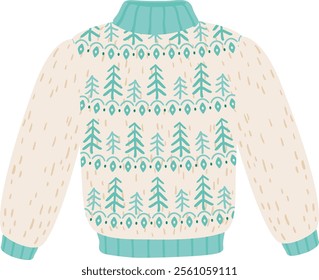 Warm knitted christmas sweater with fir trees and winter ornament is lying on white background, perfect for winter holidays, cozy clothing and seasonal fashion