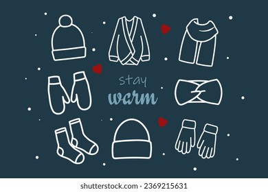 Warm knitted clothes set. White contour of hats, mittens, socks, scarf, gloves, cardigan, headband on dark blue background. Editable vector set of icons.
