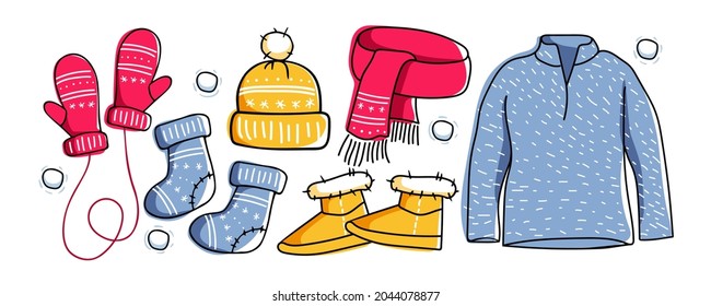 Warm knitted clothes for winter. Winter accessories, mittens, cap, scarf, socks, sweatshirt, shoes. Linear Vector sketch. Cozy Winter clothing. Seasonal element on white background.