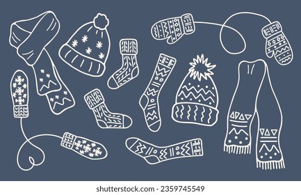 Trajes de punto calurosos. Colección de accesorios de invierno en estilo doodle. Contorsión blanca de sombreros, mitones, medias, bufandas.  Ilustración con mano de línea