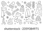 Warm knitted clothing set. Winter accessories collection in doodle style. Hats, mittens, socks, scarves isolated. background. Line illustration
