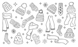 Warm Knitted Clothing Set. Winter Accessories Collection In Doodle Style. Hats, Mittens, Socks, Scarves Isolated. Background. Line Illustration