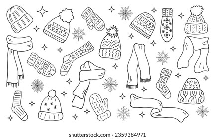 Warm knitted clothing set. Winter accessories collection in doodle style. Hats, mittens, socks, scarves isolated. background. Line illustration