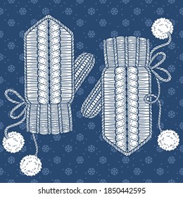 Warm knitted gloves, mittens with pom poms, vector coloring page for adults, contour image isolated on white dark background. For New Year and Christmas template design