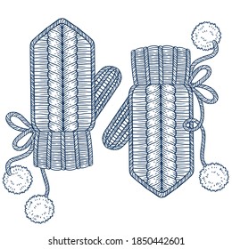 Warm knitted gloves, mittens with pom poms, vector coloring page for adults, black contour image isolated on a white. For New Year and Christmas template design