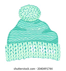 Warm knitted hat cartoon flat illustration.Element in light blue isolated on white.Winter clothing with knitted texture.Vector design template.